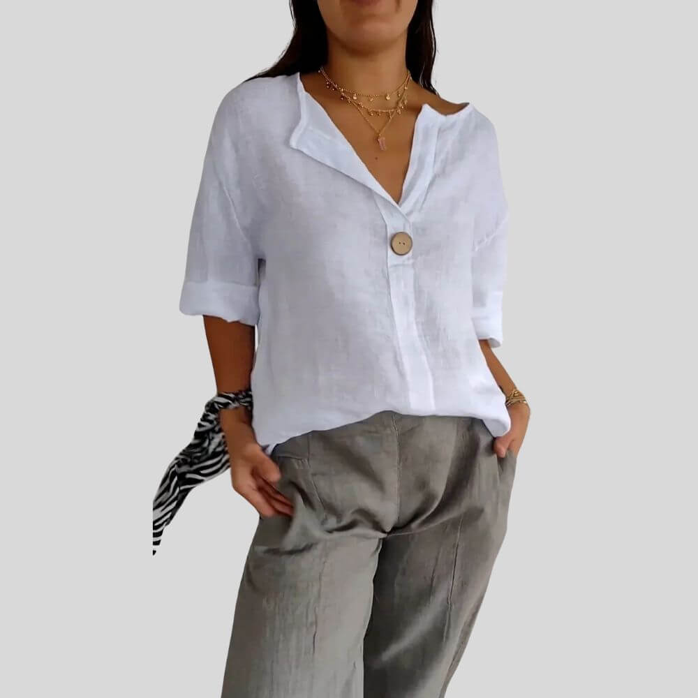 Women’s Relaxed-Fit Tunic Blouse with V-Neck and Button Front