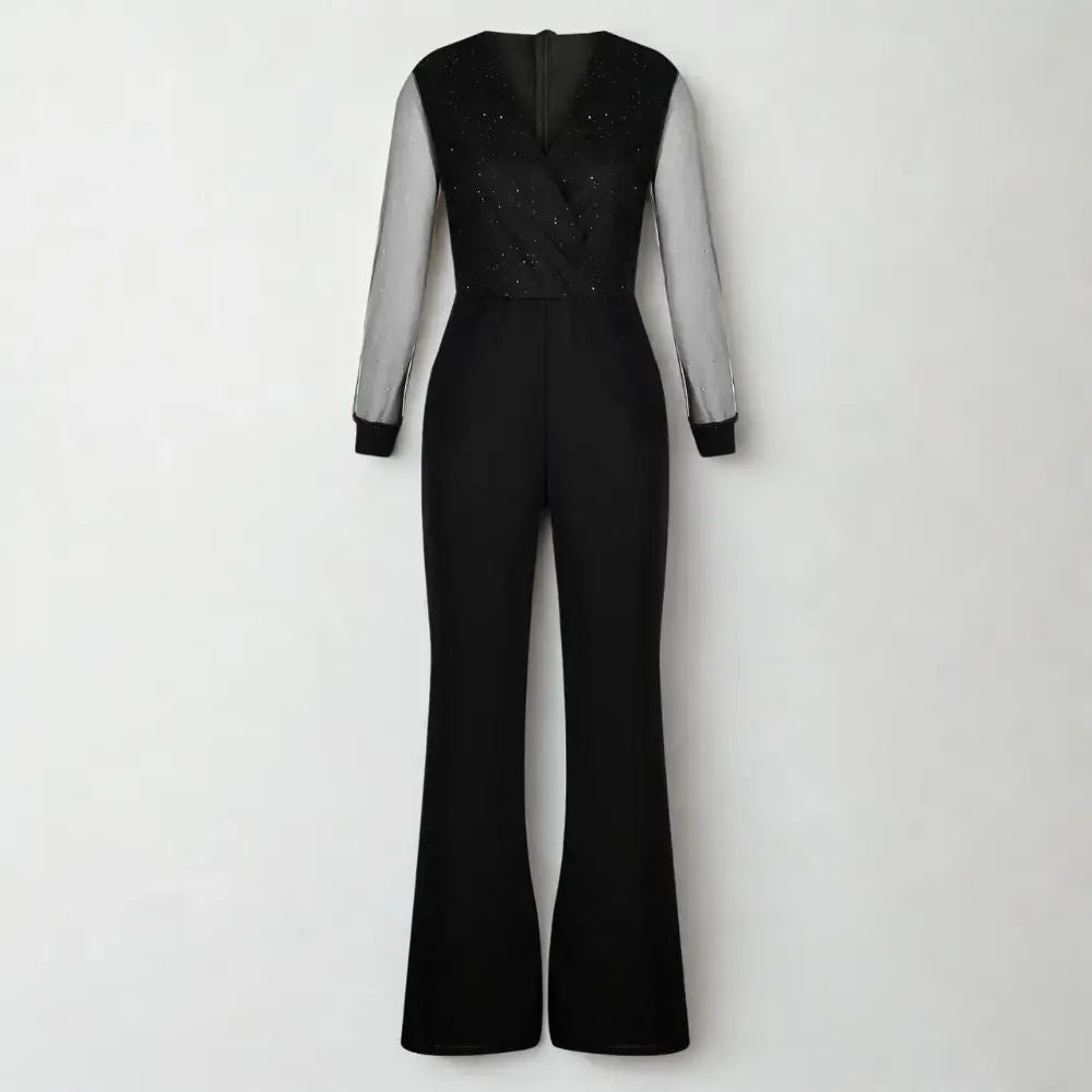 Black Wide-Leg Jumpsuit with Sheer Long Sleeves – Women’s Evening Outfit