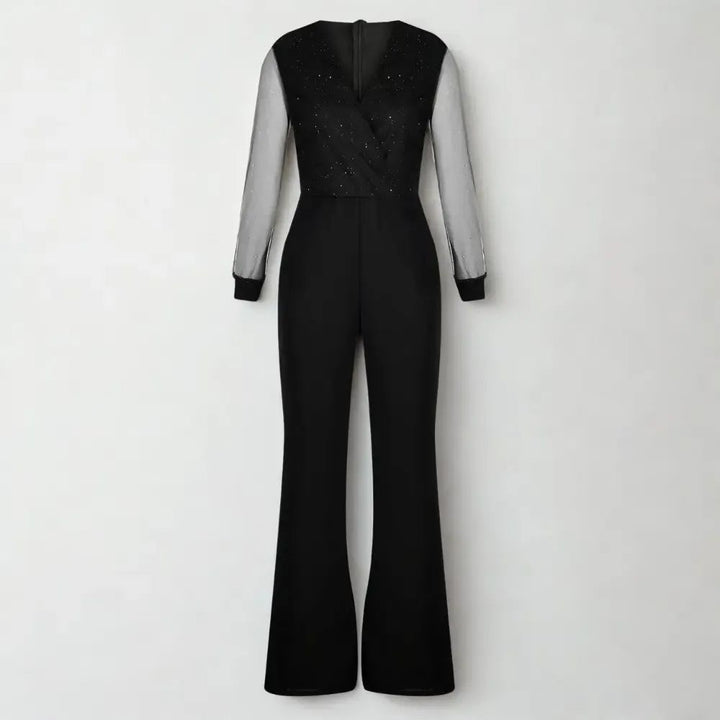 Black Wide-Leg Jumpsuit with Sheer Long Sleeves – Women’s Evening Outfit