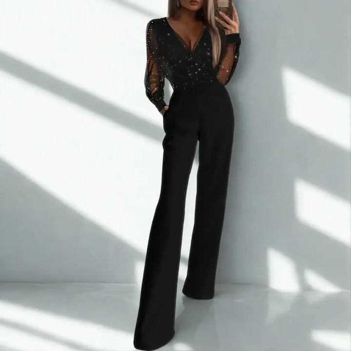 Black Wide-Leg Jumpsuit with Sheer Long Sleeves – Women’s Evening Outfit