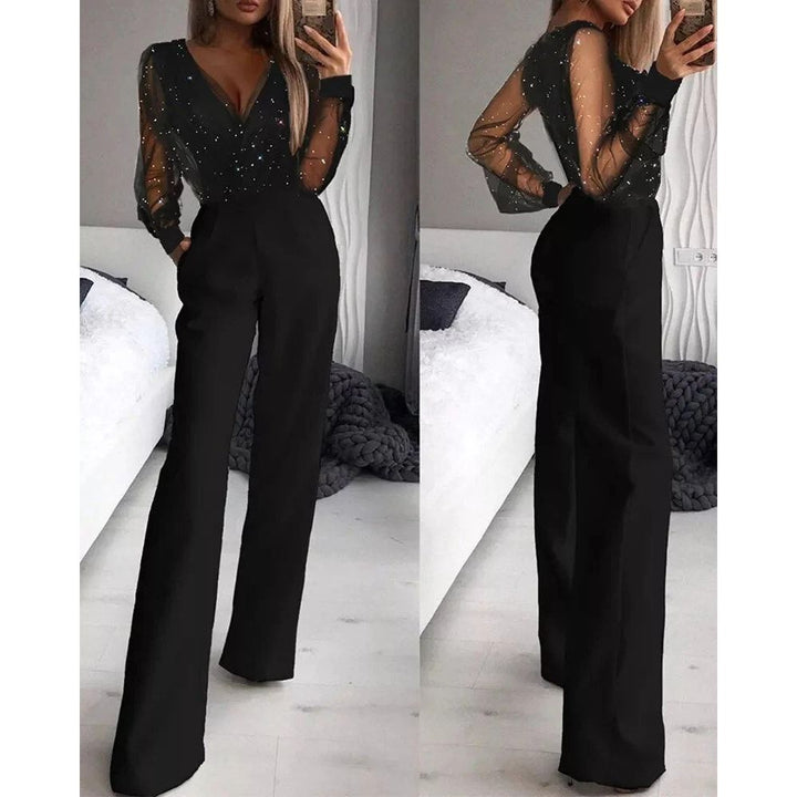 Black Wide-Leg Jumpsuit with Sheer Long Sleeves – Women’s Evening Outfit