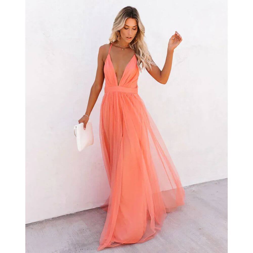 Peach Evening Maxi Dress for Women – Sleeveless Formal Floor-Length Gown