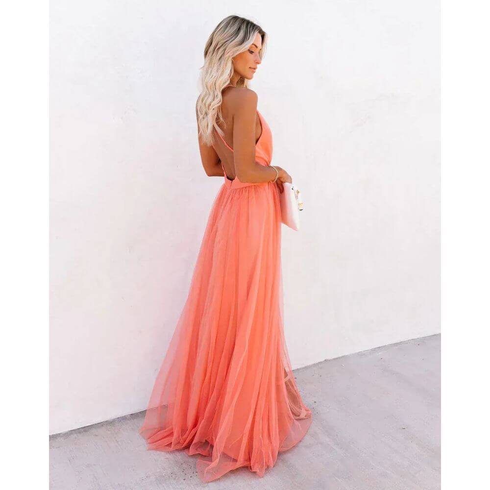 Peach Evening Maxi Dress for Women – Sleeveless Formal Floor-Length Gown