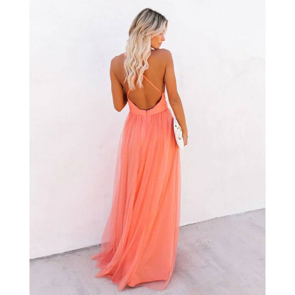 Peach Evening Maxi Dress for Women – Sleeveless Formal Floor-Length Gown