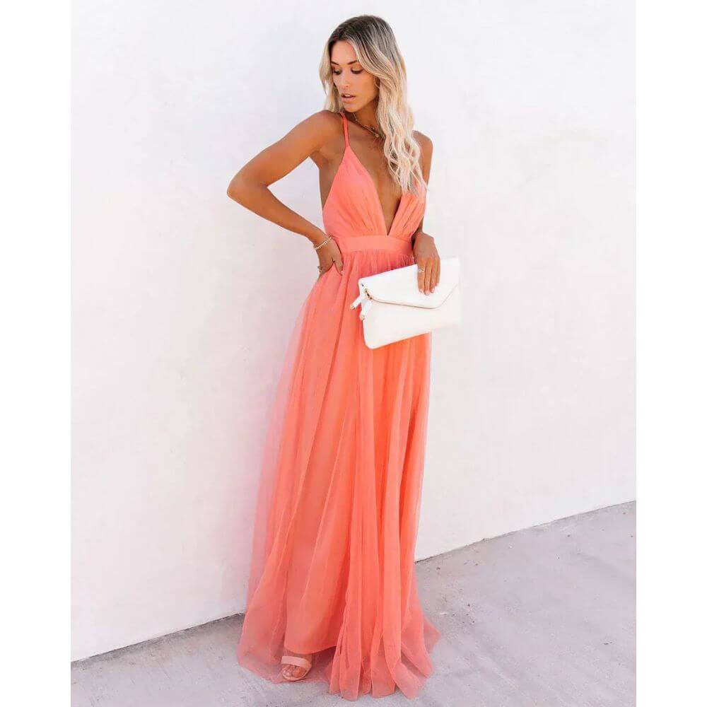 Peach Evening Maxi Dress for Women – Sleeveless Formal Floor-Length Gown