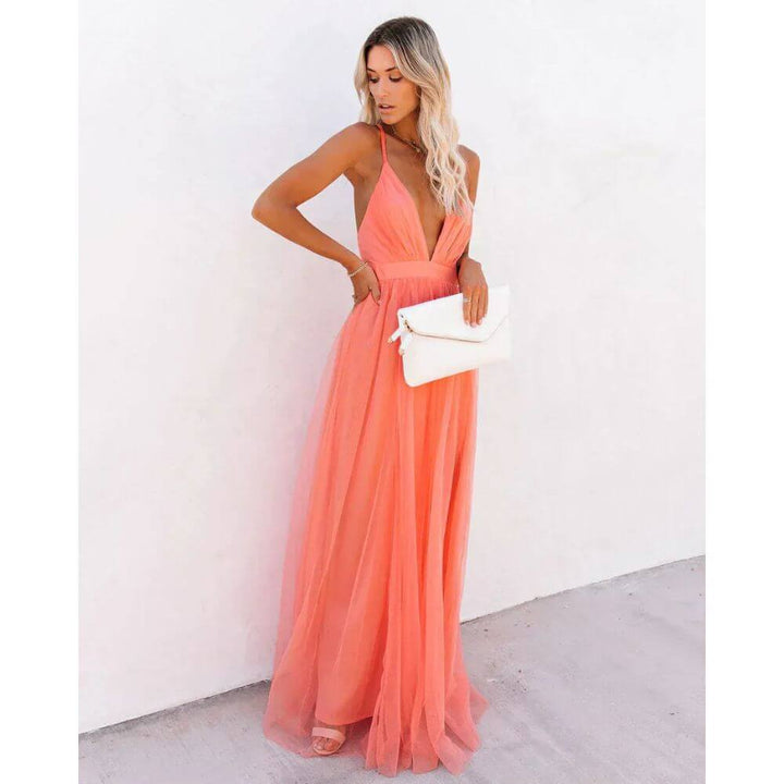 Peach Evening Maxi Dress for Women – Sleeveless Formal Floor-Length Gown