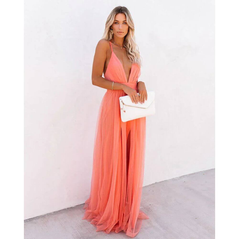Peach Evening Maxi Dress for Women – Sleeveless Formal Floor-Length Gown