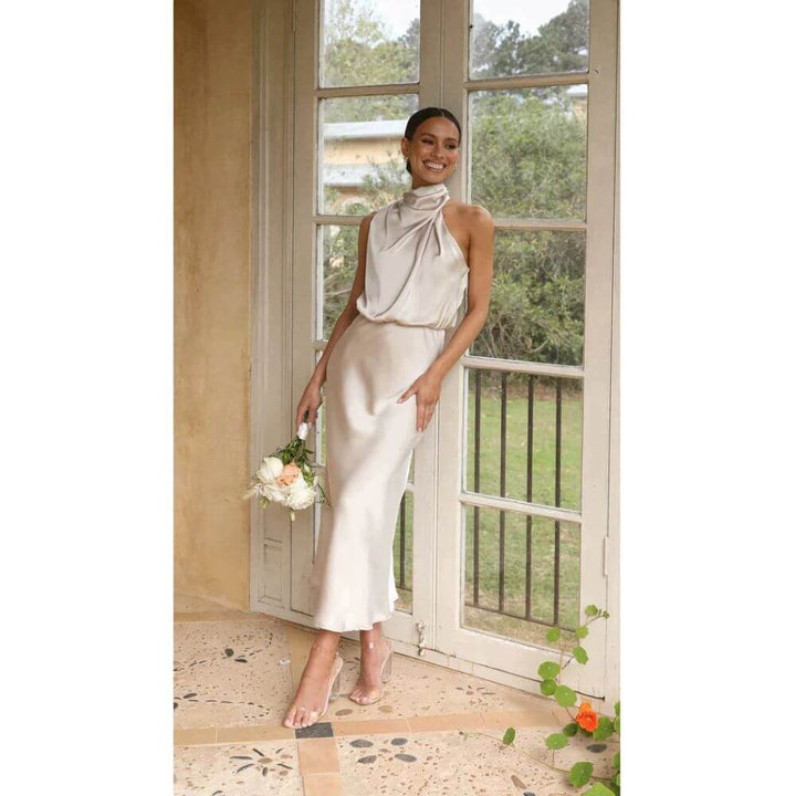 Halter Neck Midi Dress for Women – Elegant Sleeveless Summer Look for Events