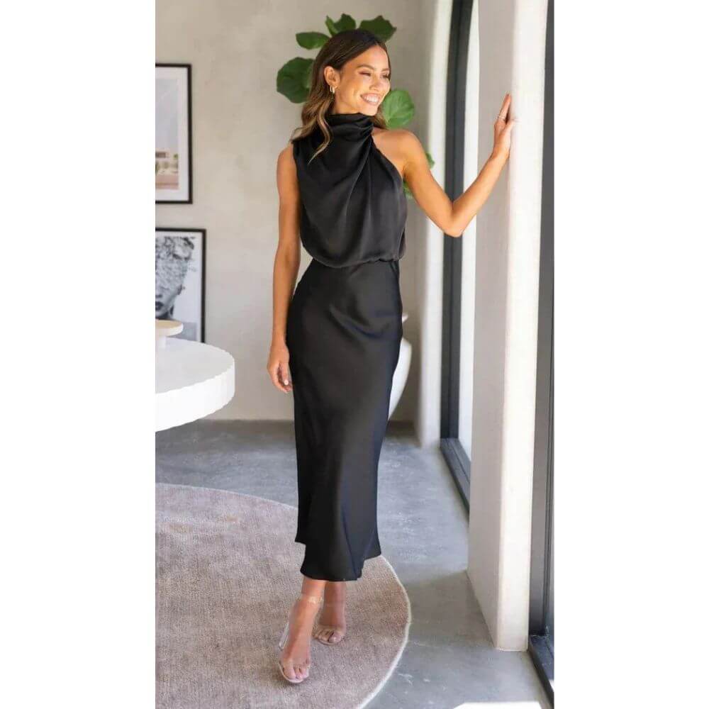Halter Neck Midi Dress for Women – Elegant Sleeveless Summer Look for Events