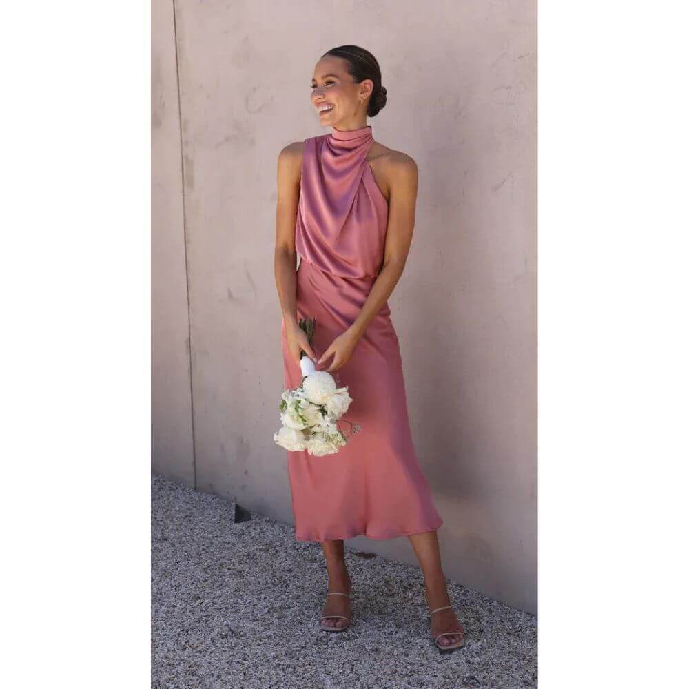 Halter Neck Midi Dress for Women – Elegant Sleeveless Summer Look for Events