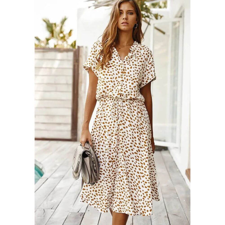 Polka Dot Midi Dress – Casual Short Sleeve Summer Style for Women