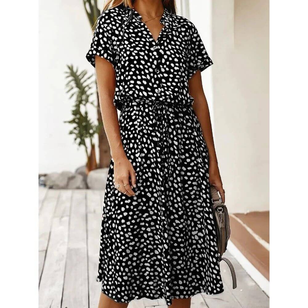 Polka Dot Midi Dress – Casual Short Sleeve Summer Style for Women
