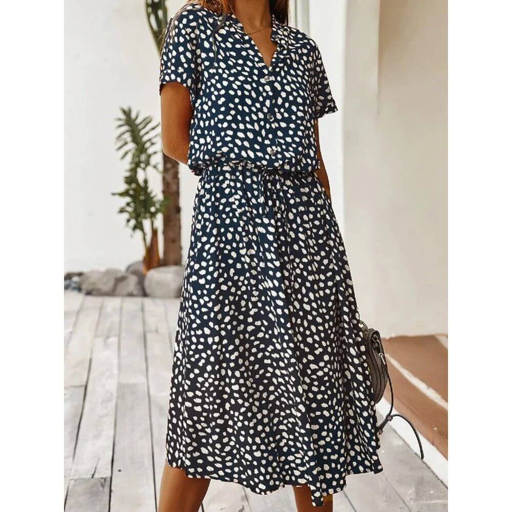 Polka Dot Midi Dress – Casual Short Sleeve Summer Style for Women
