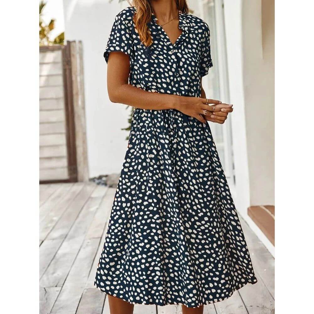 Polka Dot Midi Dress – Casual Short Sleeve Summer Style for Women