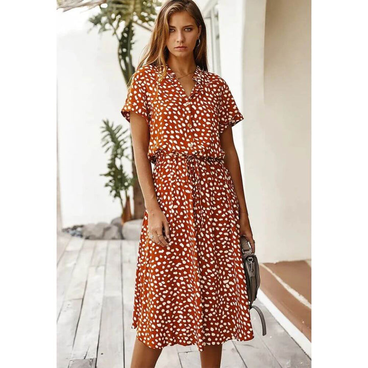 Polka Dot Midi Dress – Casual Short Sleeve Summer Style for Women