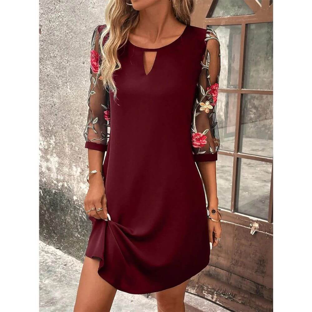 Floral Mesh Sleeve Mini Dress – Elegant Short Party Dress for Women