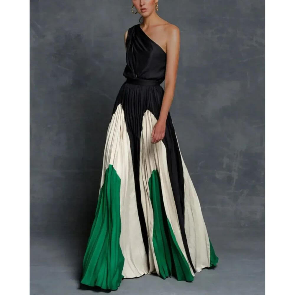 Elegant one-shoulder colourblock pleated maxi dress for women