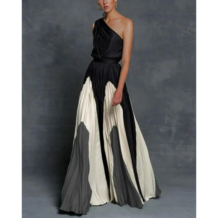 Elegant one-shoulder colourblock pleated maxi dress for women