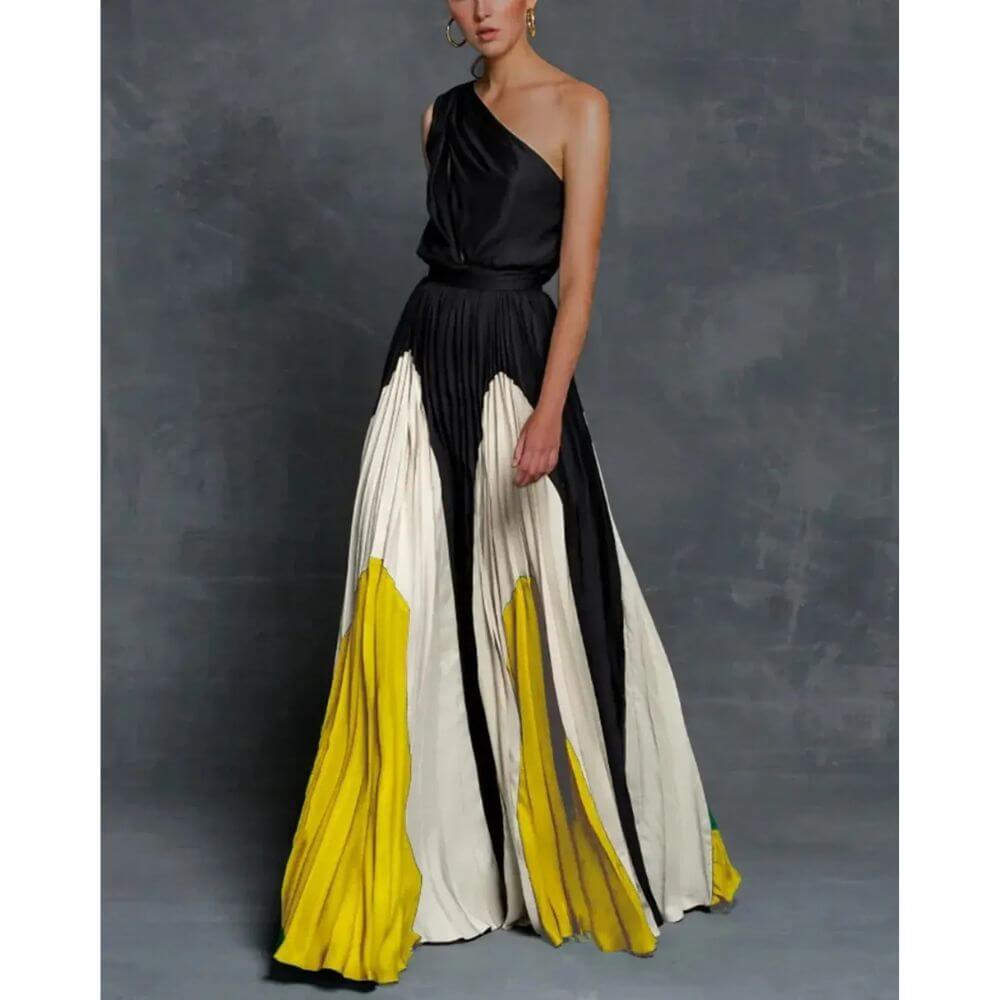 Elegant one-shoulder colourblock pleated maxi dress for women