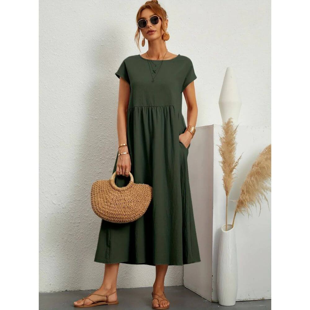 Casual Short-Sleeve Midi Dress for Women – Everyday Fit & Flattering Look