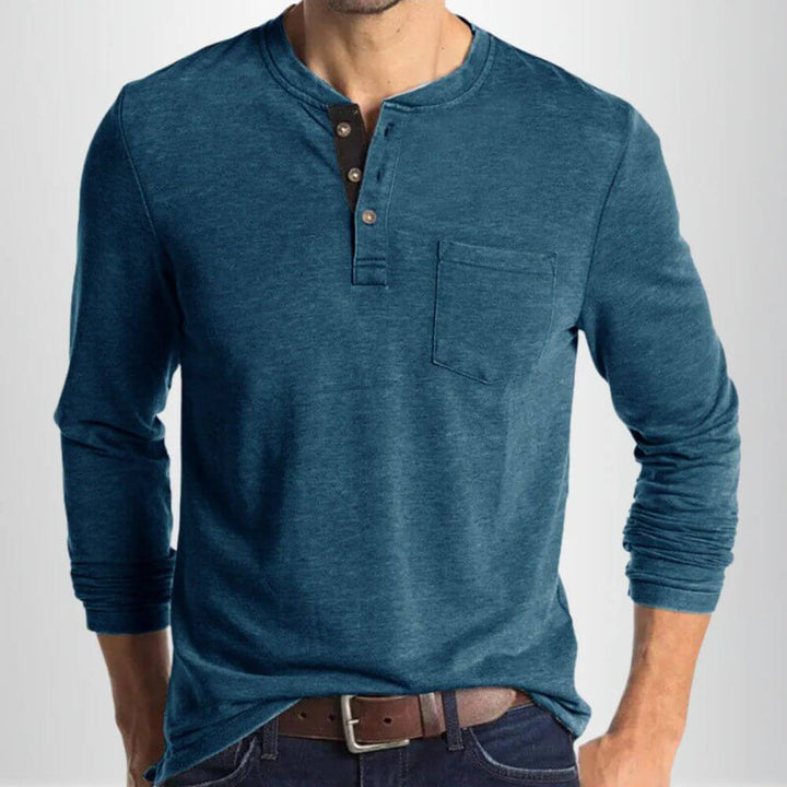 Men's Long Sleeve Henley Shirt – Casual Crew Neck with Button Placket