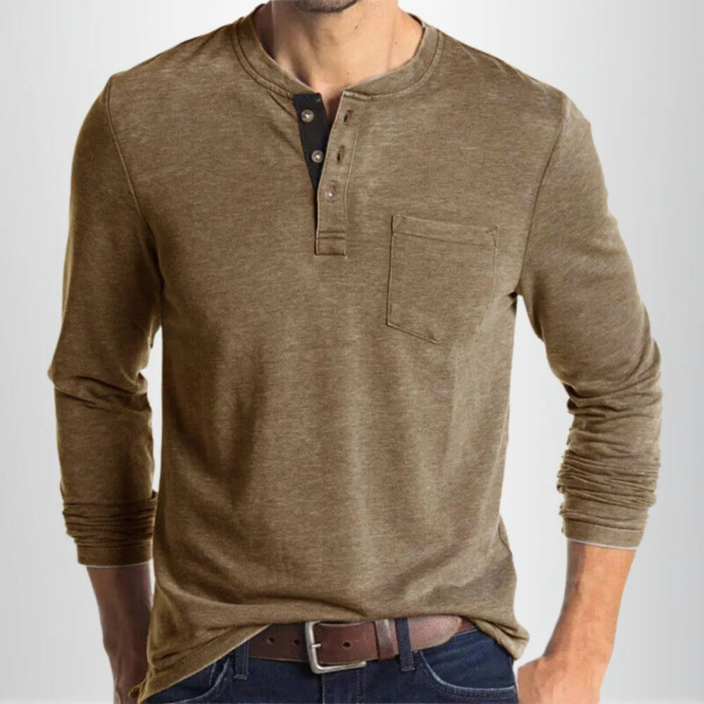 Men's Long Sleeve Henley Shirt – Casual Crew Neck with Button Placket