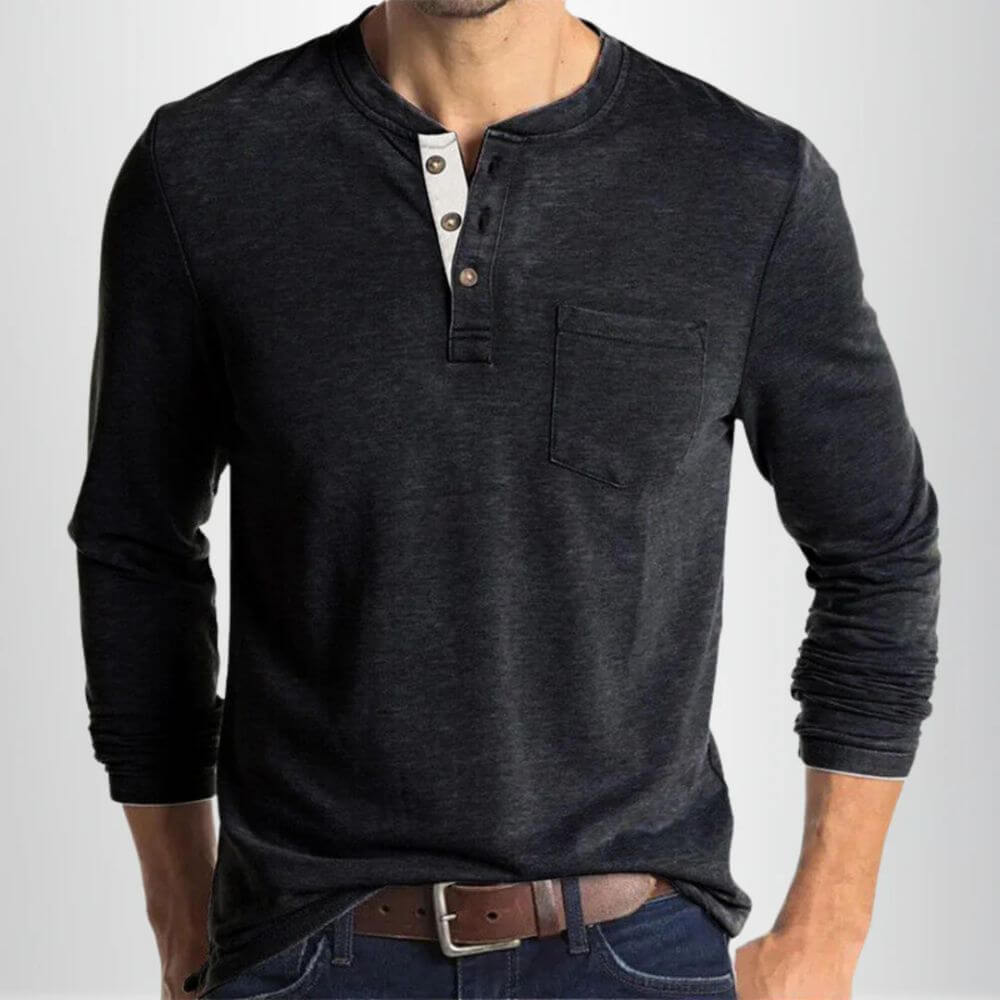 Men's Long Sleeve Henley Shirt – Casual Crew Neck with Button Placket