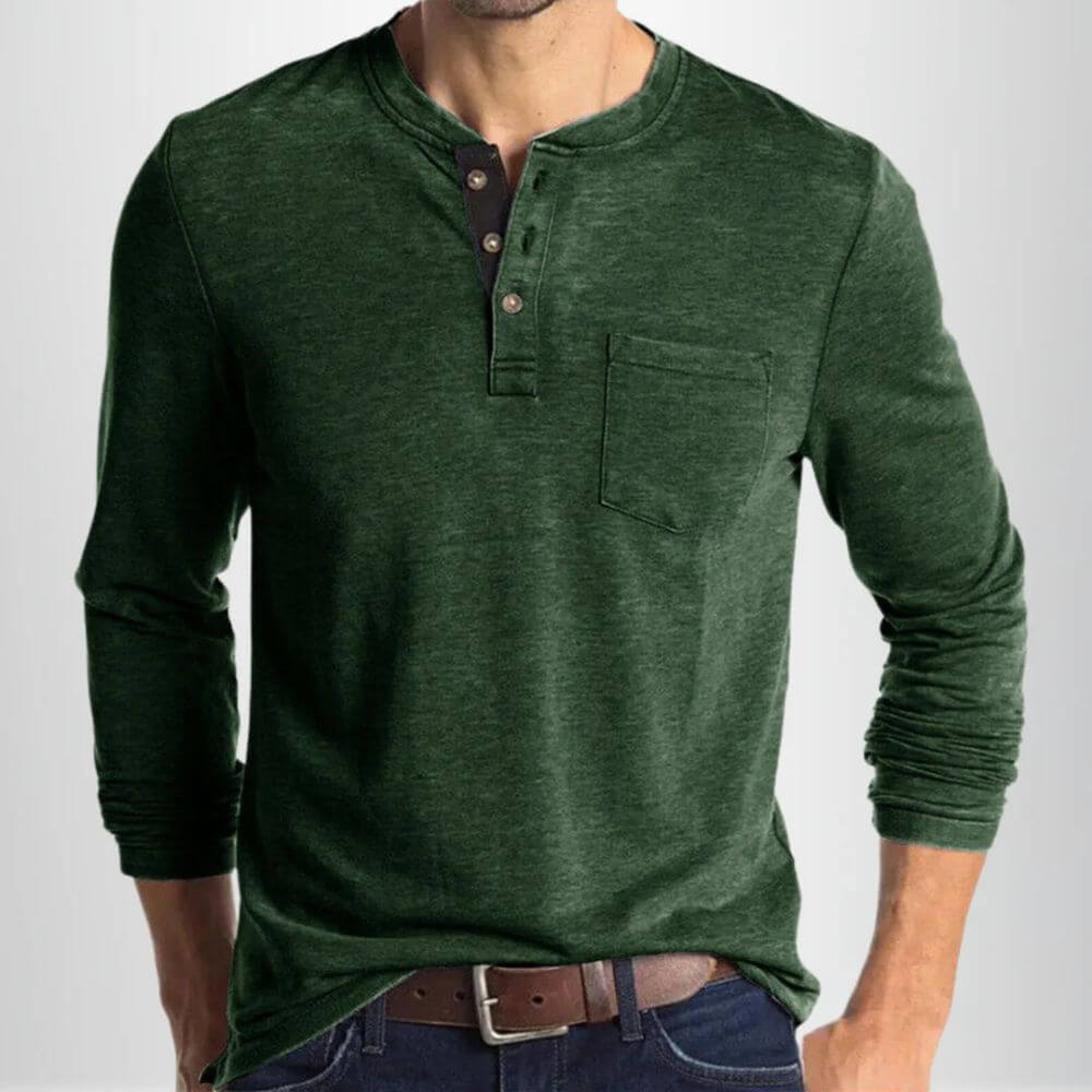 Men's Long Sleeve Henley Shirt – Casual Crew Neck with Button Placket
