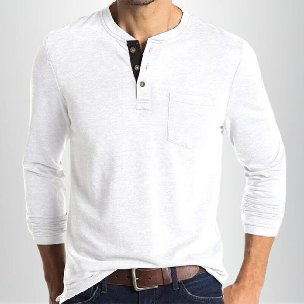 Men's Long Sleeve Henley Shirt – Casual Crew Neck with Button Placket