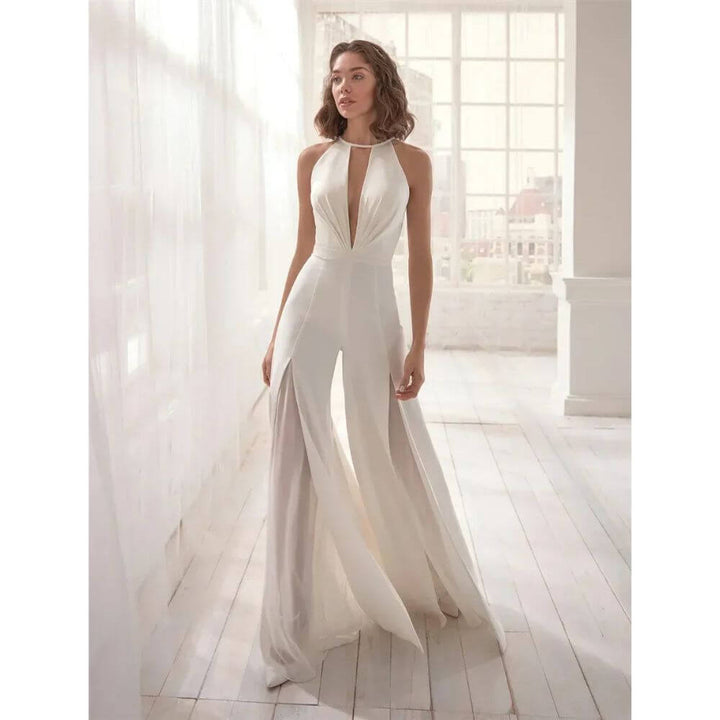 Elegant White Halter Neck Jumpsuit Gown for Women – Evening & Occasion Wear
