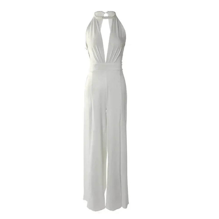 Elegant White Halter Neck Jumpsuit Gown for Women – Evening & Occasion Wear