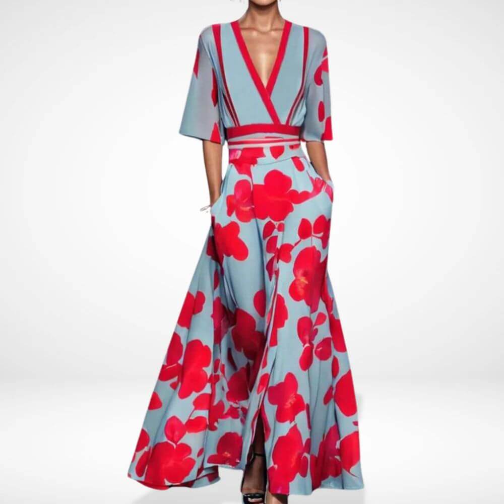 Floral Maxi Wrap Dress with Deep V-Neckline – Elegant Summer Style