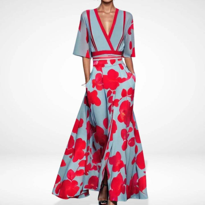 Floral Maxi Wrap Dress with Deep V-Neckline – Elegant Summer Style