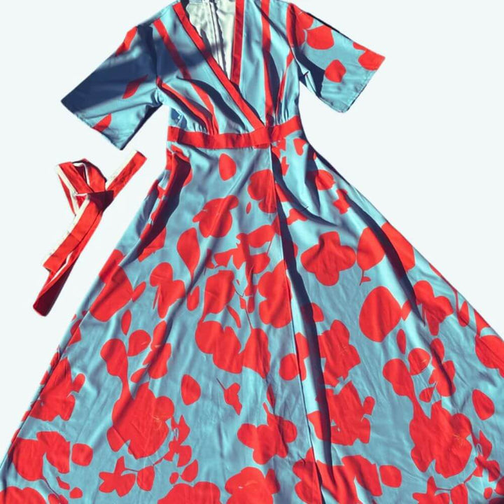 Floral Maxi Wrap Dress with Deep V-Neckline – Elegant Summer Style