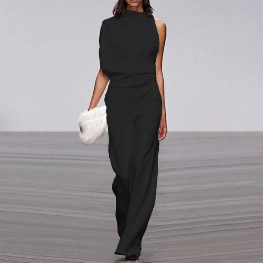Elegant Sleeveless Jumpsuit with Asymmetric Neckline – Women’s High Waist Evening Outfit