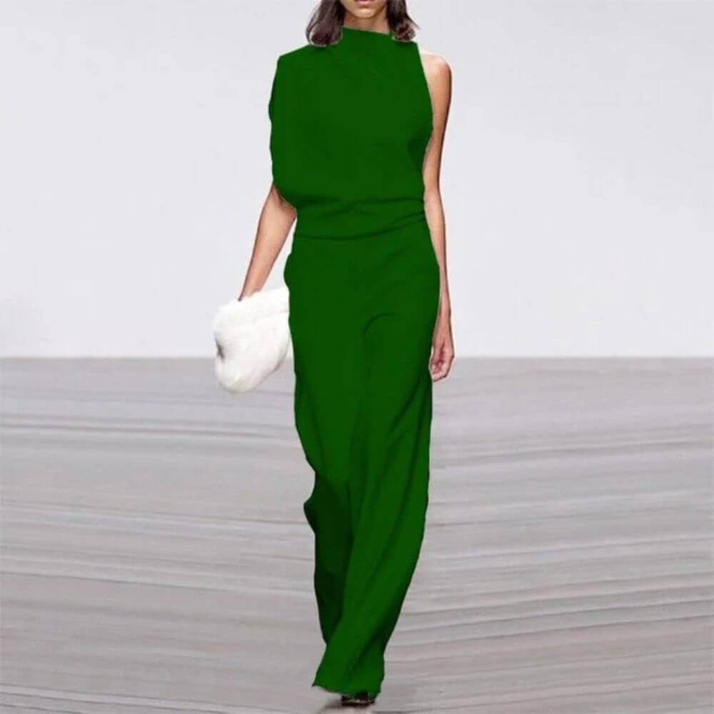 Elegant Sleeveless Jumpsuit with Asymmetric Neckline – Women’s High Waist Evening Outfit