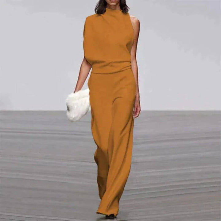 Elegant Sleeveless Jumpsuit with Asymmetric Neckline – Women’s High Waist Evening Outfit