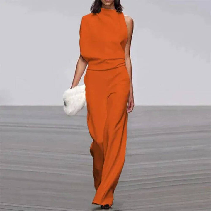 Elegant Sleeveless Jumpsuit with Asymmetric Neckline – Women’s High Waist Evening Outfit