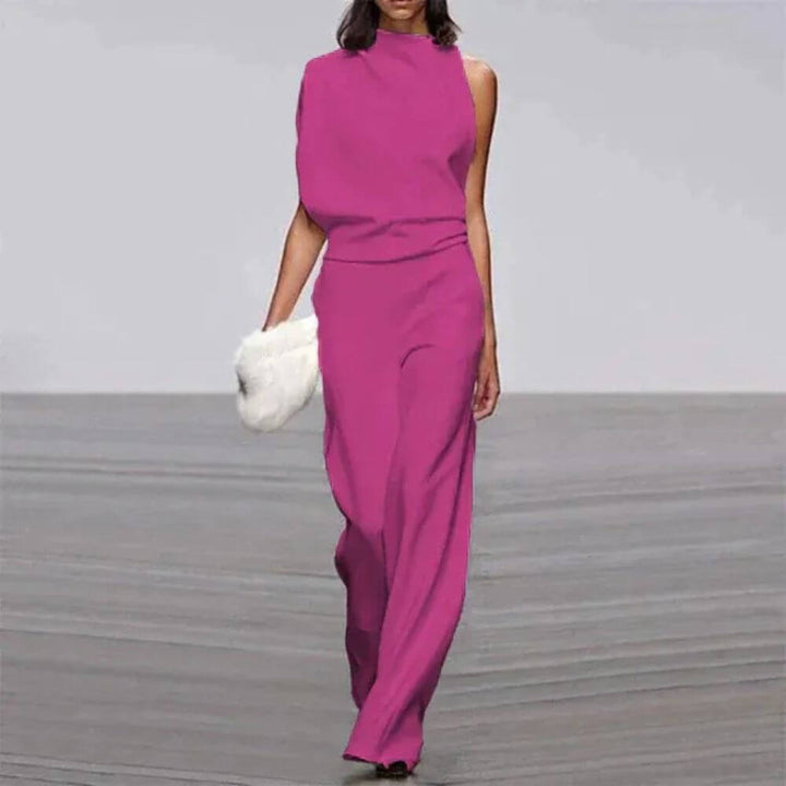 Elegant Sleeveless Jumpsuit with Asymmetric Neckline – Women’s High Waist Evening Outfit