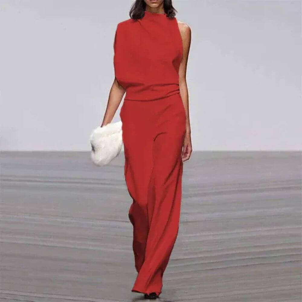 Elegant Sleeveless Jumpsuit with Asymmetric Neckline – Women’s High Waist Evening Outfit