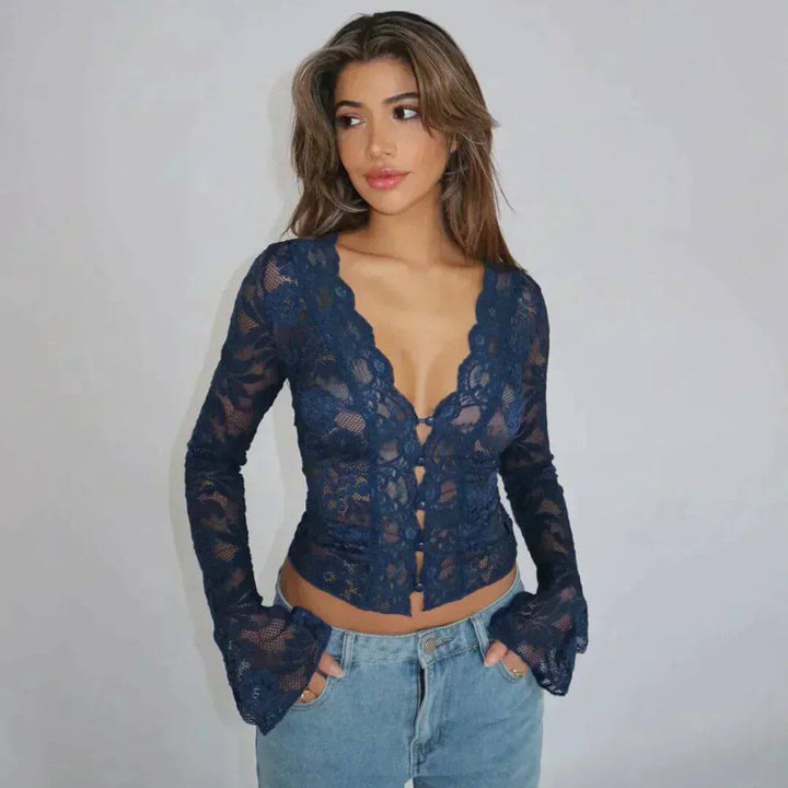 Long Sleeve Top with Deep V-Neckline – Floral See-Through Design