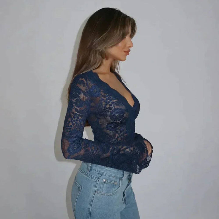 Long Sleeve Top with Deep V-Neckline – Floral See-Through Design