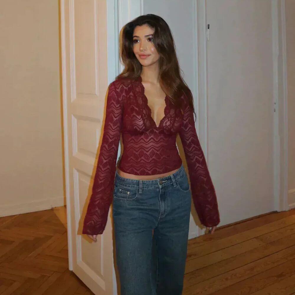 Long Sleeve Top with Deep V-Neckline – Floral See-Through Design