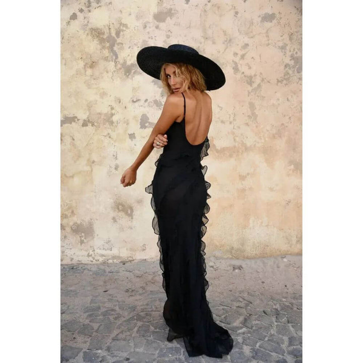 Black Ruffle Spaghetti Strap Maxi Dress – Elegant Summer Evening Look