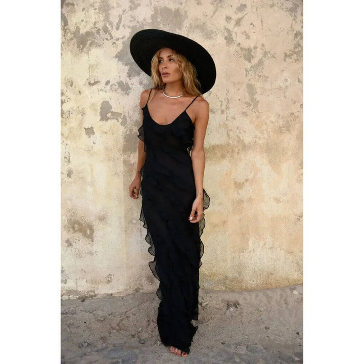 Black Ruffle Spaghetti Strap Maxi Dress – Elegant Summer Evening Look