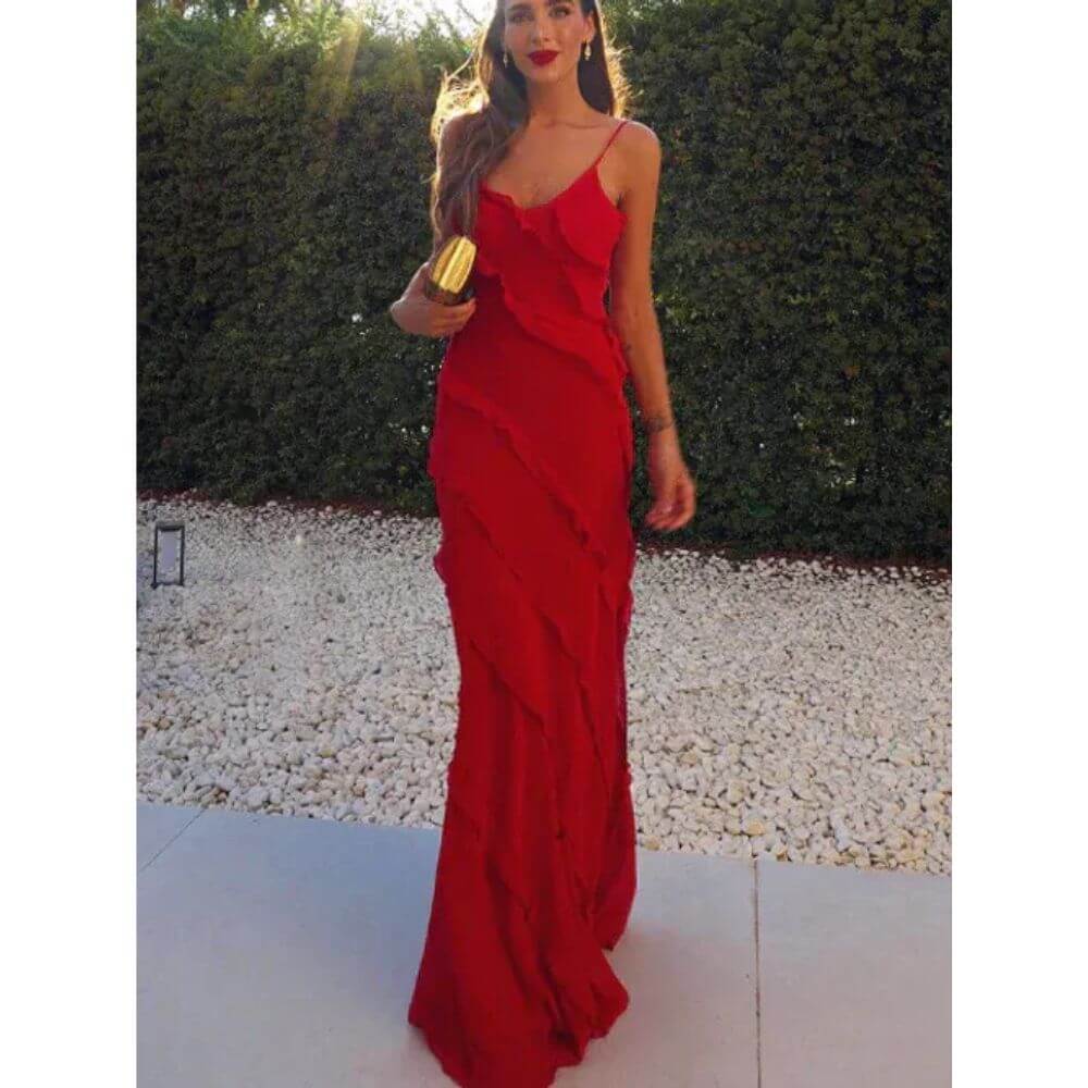 Black Ruffle Spaghetti Strap Maxi Dress – Elegant Summer Evening Look