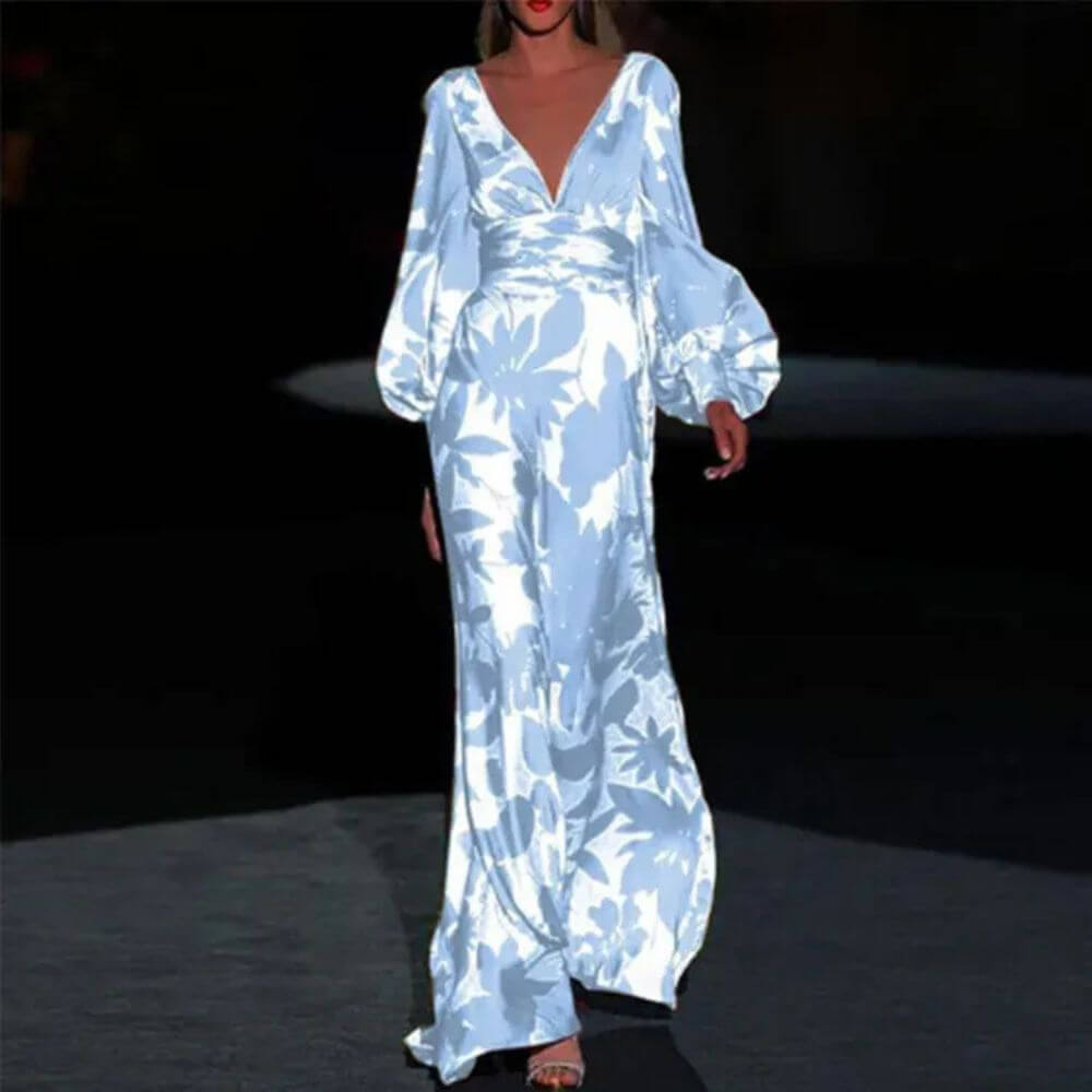 Elegant Floral Evening Dress with Balloon Sleeves – Women’s Occasionwear