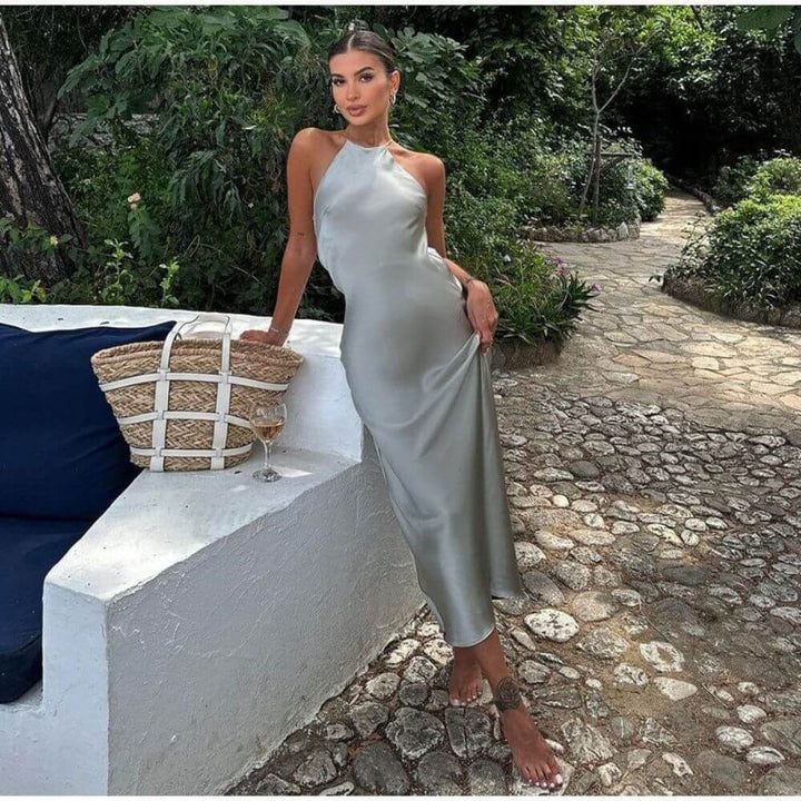 Halter Neck Midi Slip Dress – Elegant Backless Summer Style for Women