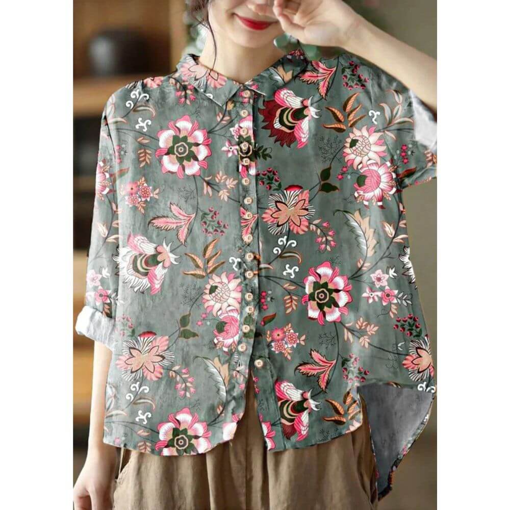 Floral Button-Up Blouse – Elegant Long Sleeve Casual Shirt for Women