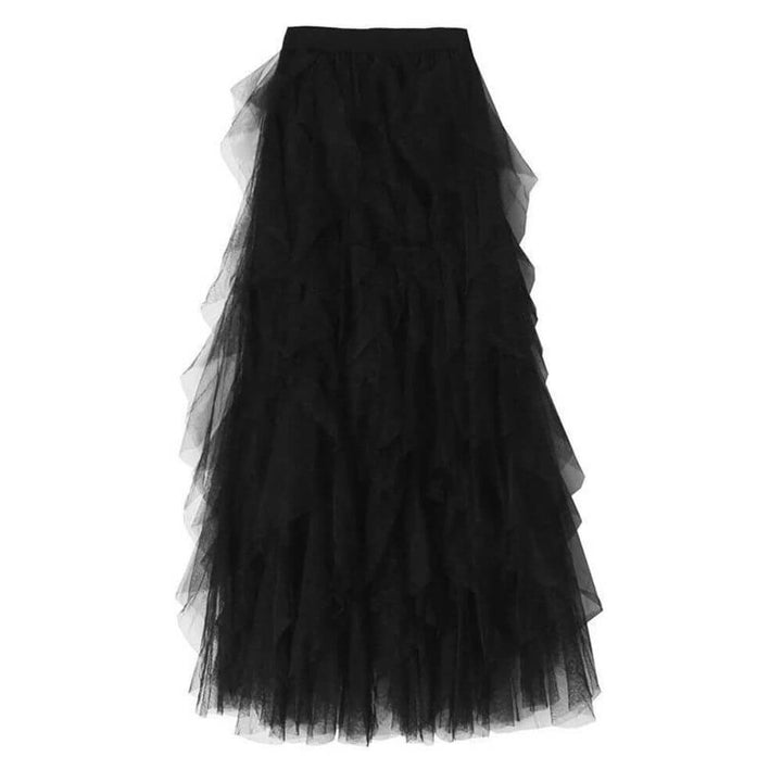 Black Layered Tulle Maxi Skirt – Elegant Tiered Design for Evening and Party Looks